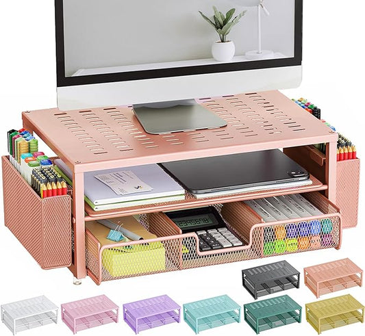 gianotter Desk Organizers and Accessories, Monitor Stand with Drawer and 2 Pen Holder, Desktop Organizer Suitable for Offices and Dormitories (Rose Gold)