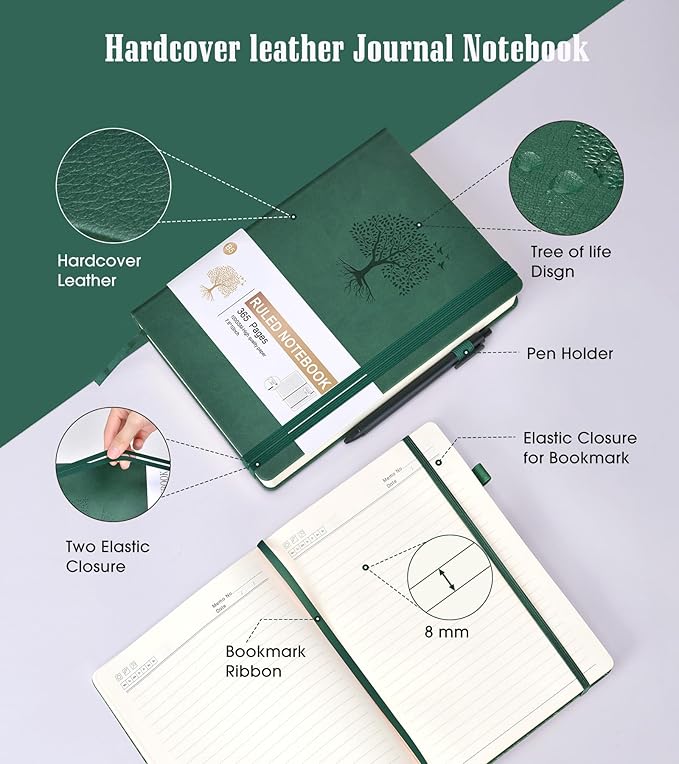 Lined Journal Notebook, 365 Pages B5 Large Journals for Writing Ruled Notebook, Hardcover Leather Journal for Women Men, Daily Notebook for Work, Note Taking, 100Gsm Thick Paper(7.6'' X 10'' Green)