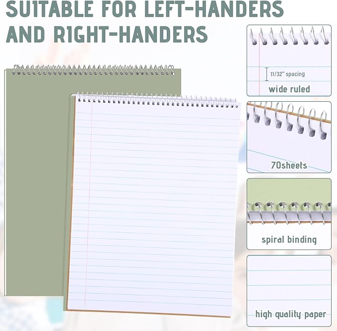 Maitys 6 Pack 8.5 x 11'' Top Bound Office Steno Book Wide Ruled Double Sided Spiral Steno Books Reliable White Paper 70 Sheets/Pad Pastel Colors Covers for Writing Notes College (Stylish Color)