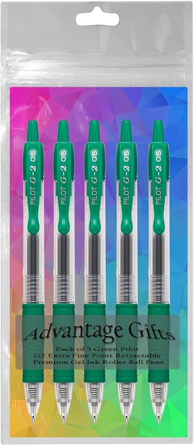 G2 Retractable Premium Gel Ink Roller Ball Pens Extra Fine Point (.5mm) Green Ink 5 pack; Refillable & Premium Comfort Grip Bundle with Plastic Reusable Pouch