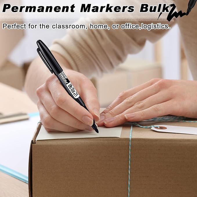 Thenshop 200 Pack Permanent Markers Bulk Black Permanent Marker Set Fine Point Marker Pens Waterproof Markers Works on Plastic, Wood, Stone, Metal and Glass