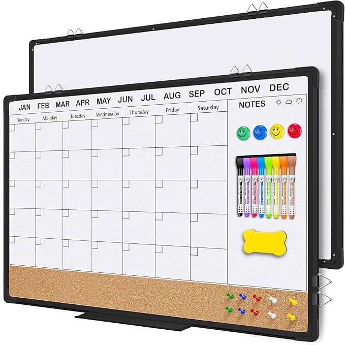 EAONE 36x24 in Double Side Whiteboard Calendar & Cork Board Combo for Wall, 3 in 1 Magnetic Dry Erase Whiteboard Monthly Calendar and Bulletin Board with Aluminum Frame for Home Office Kitchen