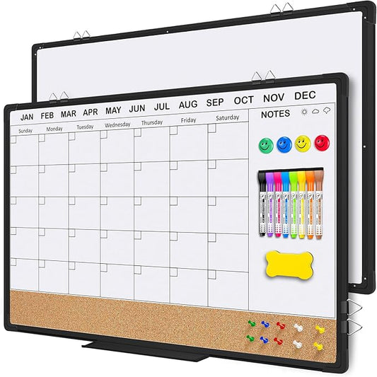 EAONE 36x24 in Double Side Whiteboard Calendar & Cork Board Combo for Wall, 3 in 1 Magnetic Dry Erase Whiteboard Monthly Calendar and Bulletin Board with Aluminum Frame for Home Office Kitchen