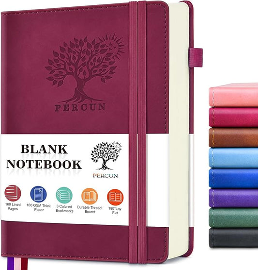 PERCUN Blank Journal Ntebook for Men & Women, 160 Pages Blank Journals for Writing, Drawing,Sketch Book,5.9" x 8.5" Leather Sketchbook, Unlined Notebook for Work, School, Art - Burgundy