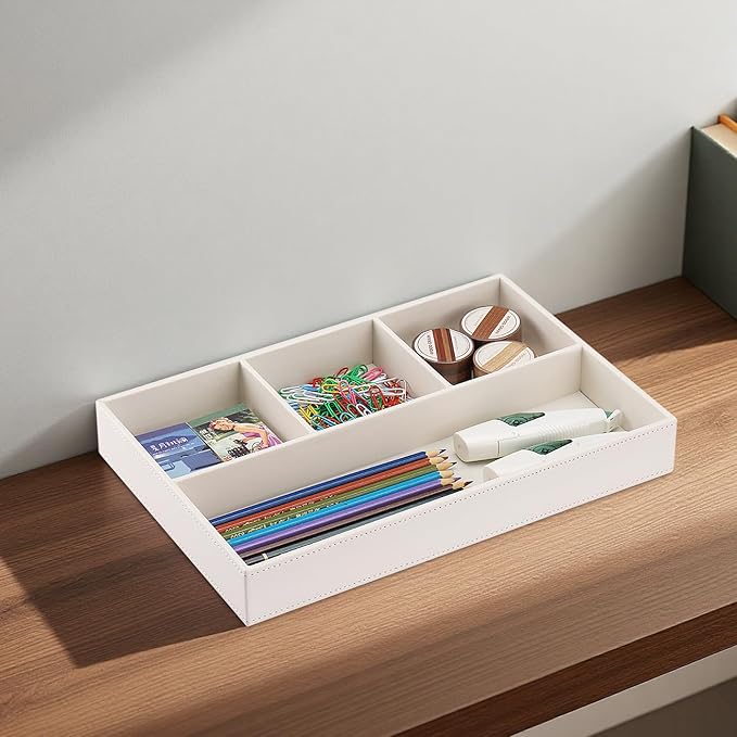 KINGFOM PU Leather Desk Drawer Organizer, 4 Compartment Office Supplies Stationery Storage Tray, Desk Organizers and Accessories Drawer Organizer Tray for Home, Makeup, Jewelry Stackable White