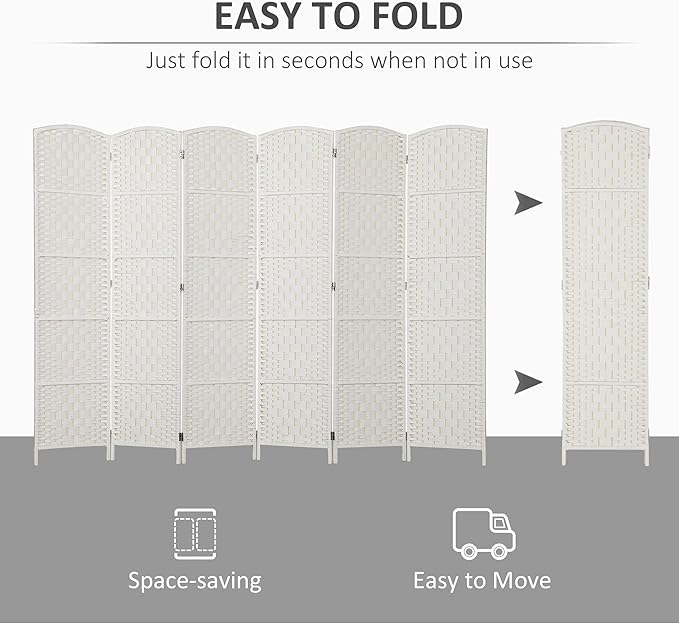 HOMCOM Room Divider, 6 Panel Folding Privacy Screen, 6FT Tall Portable Wicker Weave Partition Wall Divider for Bedroom, Home Office, White