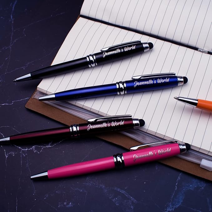 Ancolo Custom Personal Pens with Stylus Tip - Beautiful Smooth Writing Set Black ink refill - Engraved with Your Name or Slogan Perfect for Women/Lady/Girl/Teacher/Manager/10 Pens/Box