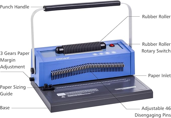 TIANSE Spiral Coil Binding Machine, Manual Book Maker Punch Binder with Electric Coil Inserter, Disengaging pins, Adjustable Side Margin, Comes with 100pcs 5/16'' Plastic Coil Binding Spines & Plier