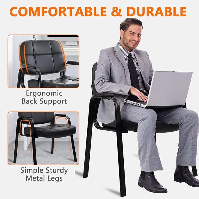 CLATINA Big & Tall 500 lbs Waiting Room Guest Chair, Leather Office Reception Chair No Wheels with Padded Arms for Elderly Home Desk Conference Room Lobby Side Salon Clinic, Black(4 Pack)
