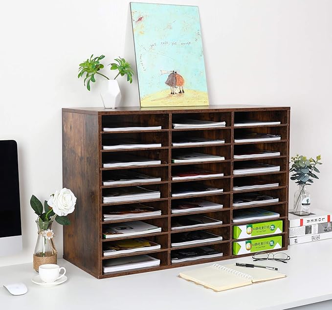 EasyPAG Mail Organizer Countertop, Wood Literature Organizer with Adjustable Shelves, Student Classroom Mailbox for School, Desktop Paper Sorter for Office Home, 27 Compartments, Archaize