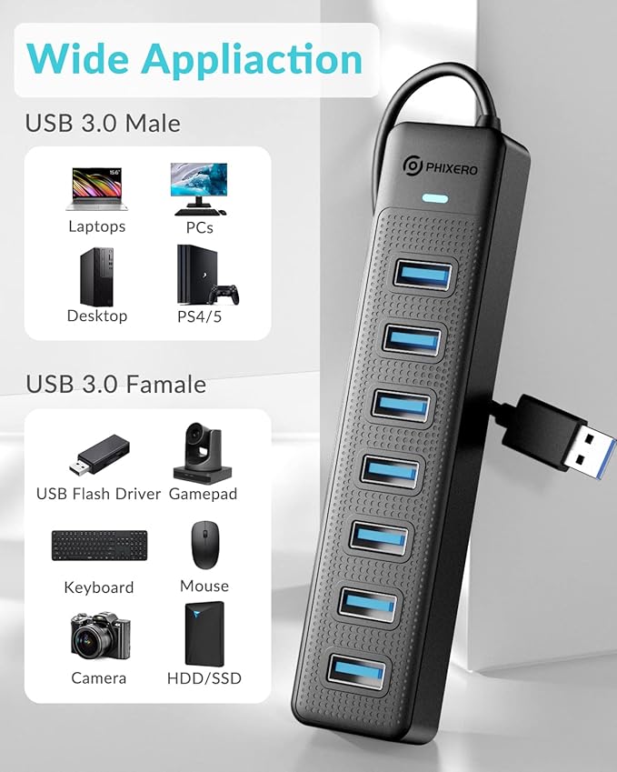 PHIXERO 7 Port USB Hub 3.2 with 15CM Long Cable, Multiport Adapter and Splitter for PC, Compatible with All USB 3.0/2.0/1.1 Devices