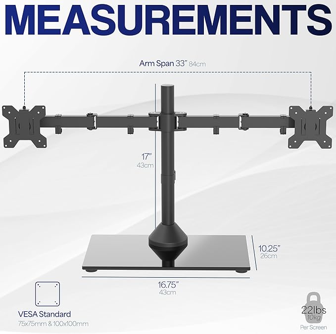 VIVO Freestanding Dual Monitor Stand with Sleek Glass Base and Adjustable Arms, Mounts 2 Screens up to 32 inch and 22 lbs Each, Black, STAND-V002FG