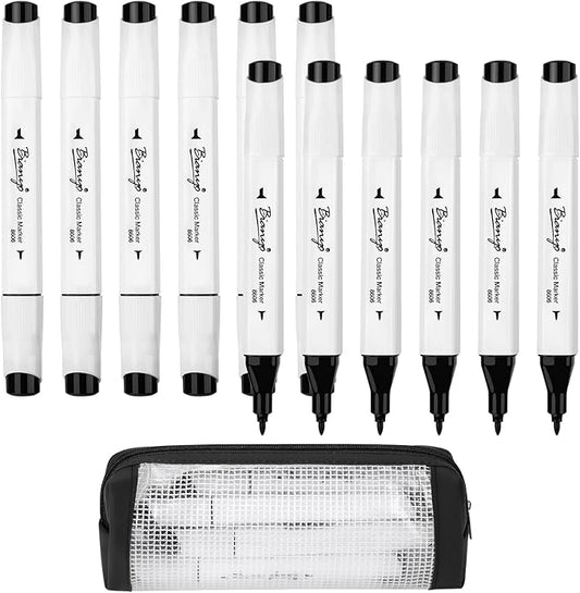 Bianyo Black Alcohol Markers Set, Set of 12, Dual Tip Bullet & Chisel Art Marker Set with Pen Case for Drawing, Sketching, Outlining, Highlighting, Designing
