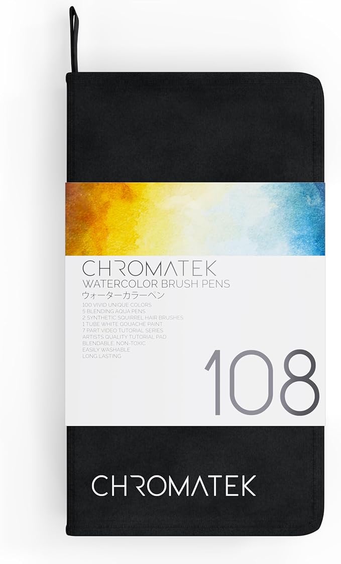 CHROMATEK 108 Watercolor Pens Set | Including 15 Page Pad & Online Video Tutorial Series | 5 Aquapens & 100 Unique Colors | Real Brush Pens | Easily Blendable, Vivid and Smooth