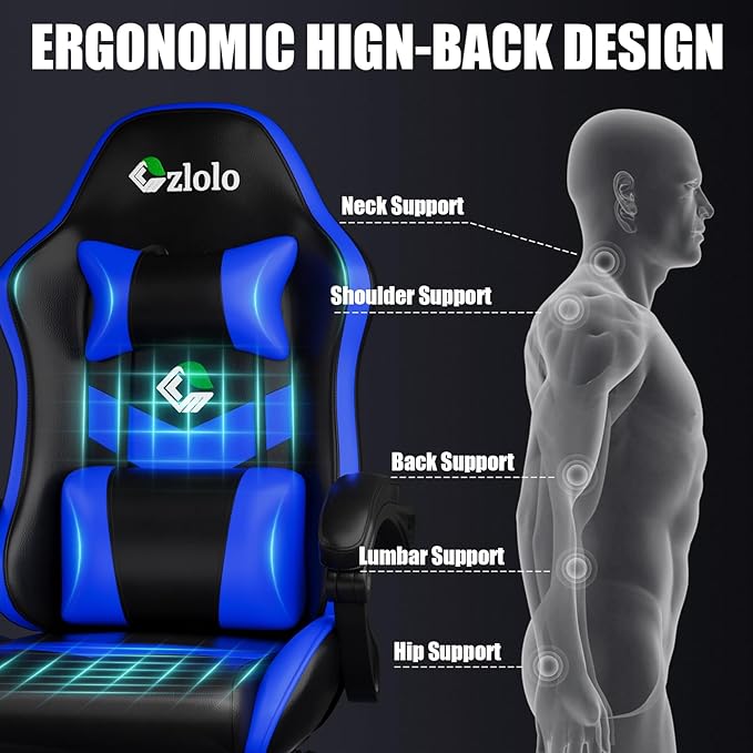 Gaming Chair, Ergonomic Office Computer Chair with Footrest and Lumbar Support Massager Racing Style High Back Video Gamer Chair, Wide＆Thick Cushion, 90°-135° Recline, Adjustable Height, Blue