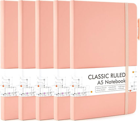 feela 5 Pack Notebooks Journals Bulk, Hardcover Classic Ruled Lined Journals with Pen Holder for Women Girls School Business Supplies, with 5 Black Pens, 120 GSM, 5.1”x8.3”, A5, Light Coral