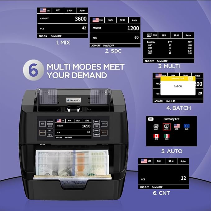 NUCOUN VC-3 Money Counter Machine Mixed Denomination, Value Counting, CIS/UV/IR/MG/MT Counterfeit Detection, USD/Euro/CAD/MXN, Printer Enabled Bill Cash Counter for Business