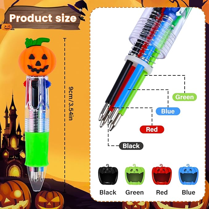 LiYiQ 50 Pcs Halloween Colorful Multicolor Pen in One Cartoon Cute Fun 4-in-1 Cute Pens Bulk Kawaii Pumpkin Ghost Bat Shape Cool Ballpoint Pens for Kids Fun Gifts