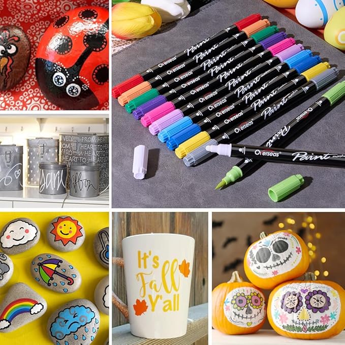 Overseas Green Acrylic Paint Markers, 2 Pack Dual Tip Paint Pens Acrylic Markers with Dot and Brush Tip, Coloring Marker for Wood, Rock, Canvas, Glass, Metal, Ceramic, Plastic, Fabric, School Supplies