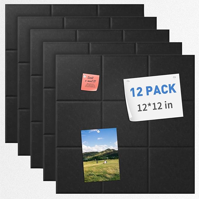 Smarpau Large Cork Board 12 Pack, Black Bulletin Board for Walls 48"x36", Pin Board with 35 Pushpins 50 Removable Security Stickers, Cork Wall Tiles for Home School Decor
