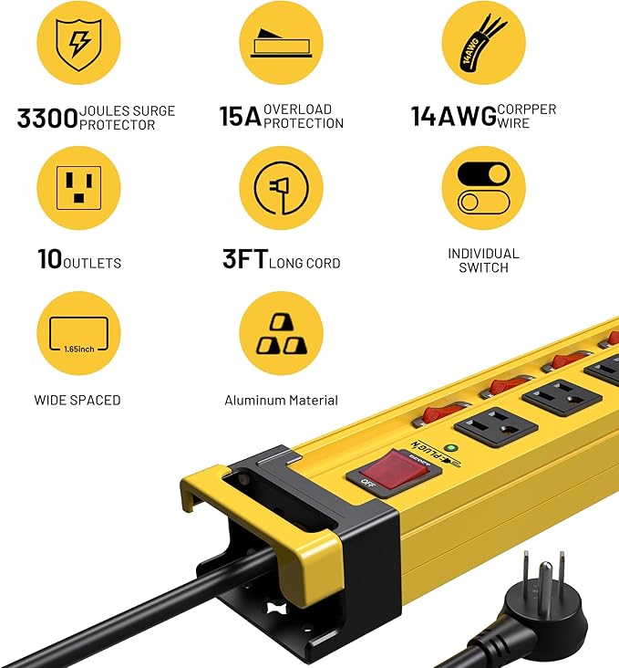 Plug'n 10 Outlet 3300J Surge Protector Power Strip with Individual Switches,Heavy Duty Metal Power Strip with Cord Manager,3FT/14AWG/15AMP/1875W Power Cord for Workshop,Garage