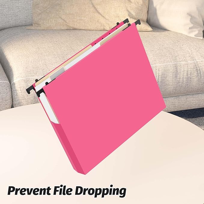 Extra Capacity Plastic Hanging File Folders,12 Pack Reinforced Expanding Hang Folder Letter Size,Accordian Pocket,Heavy Duty 2 Inch Expansion, Hard Hanging Folder Organizer for Office Home,Pink