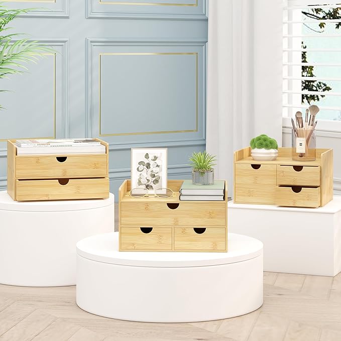 Desk Organizer With Drawers - Bamboo Wood Desktop Mail Organizer Storage Box for Office Home Bathroom Vanity Dresser Top, No Assembly Required (3 Drawers)