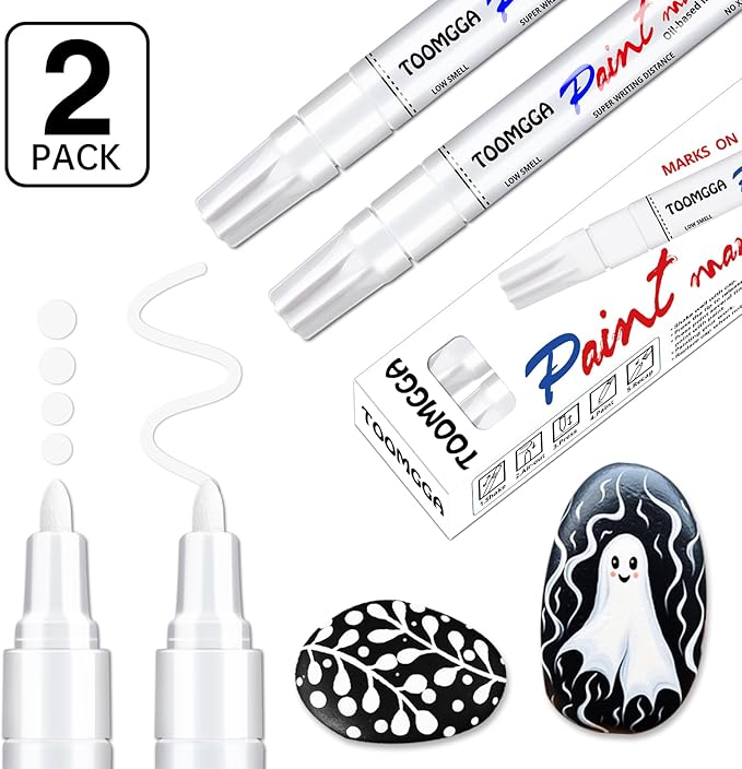 White Paint Pens Permanent Paint Markers - 2 Pack Oil Based Marking Pens, Medium Point, Quick Drying and Waterproof Pens for Rock Painting Car Tyre Metal, Plastic, Canvas, Wood, Glass