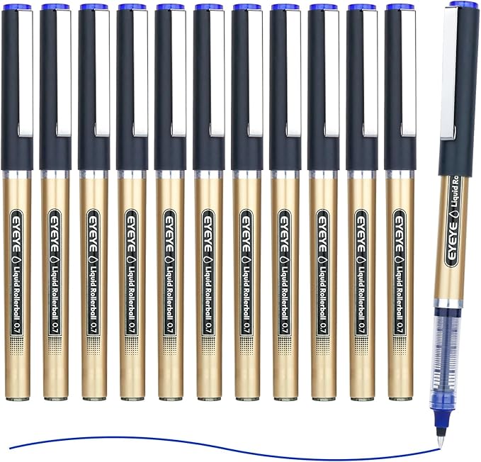 EYEYE 0.7mm Blue Rollerball Pens 12 Pack Medium Point Smooth Writing Pens, Quick Dry Liquid Ink for Journaling, Note Taking, Office & School Supplies