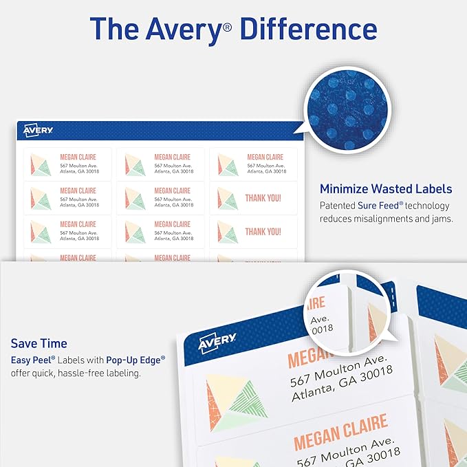 Avery Easy Peel Printable Address Labels with Sure Feed, 1" x 2-5/8" Customizable Stickers, White, 1,500 Blank Mailing Labels, Great for Mailing, Shipping, and More (2-Pack of 08160)
