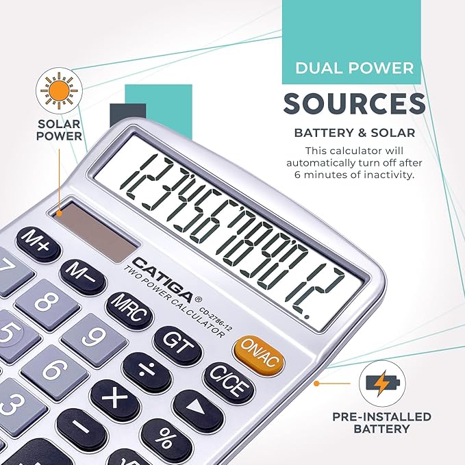 CATIGA 12 Digits Desktop Calculator with Large LCD Display, Dual Solar Power and Battery, Standard Function for Office, Home, School, CD-2786
