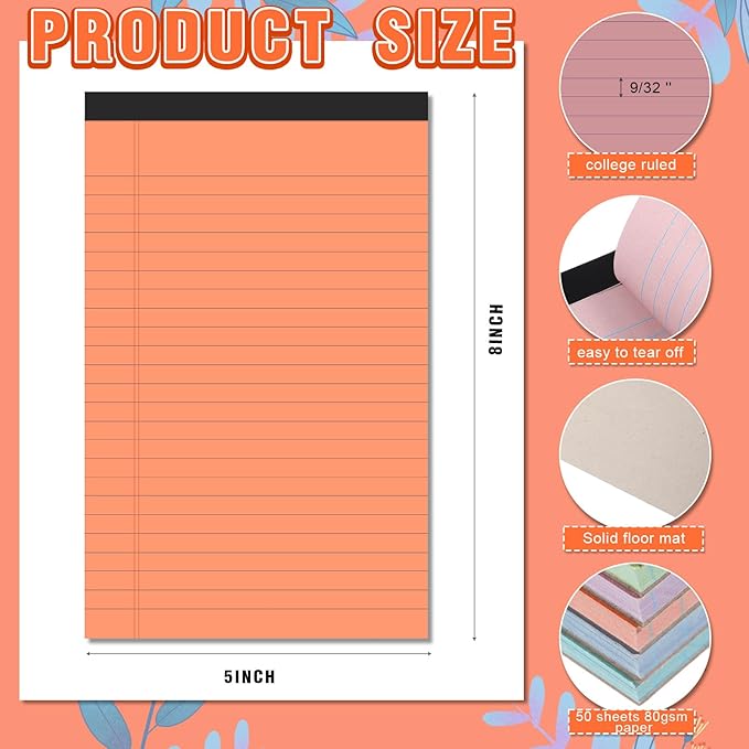Lincia 12 Pcs 12 Pcs 5" x 8" Small Legal Pads Colored Lined Note Pads Narrow Ruled Writing Notepads 50 Sheets Per Micro Paper Notebook Lined and Perforated for College Office Supplies (Bright Colors)