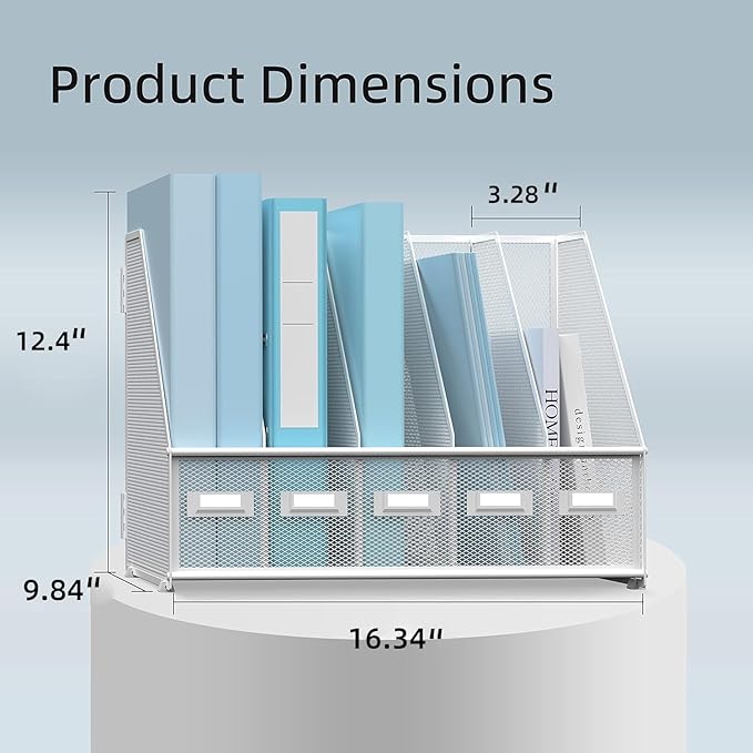 SUPEASY Desk Organizers Metal Desk Magazine File Holder with 5 Vertical Compartments Rack File Organizer for Office Desktop, Home Workspace, White