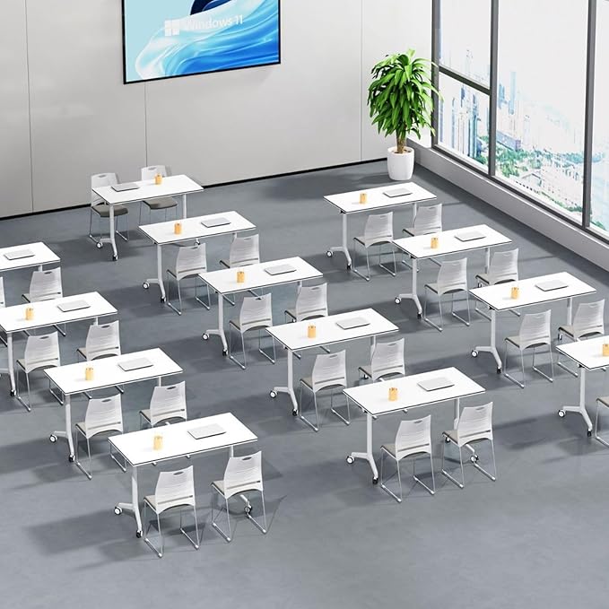 Folding Conference Room Table, Modern Mobile Training Table with Wheels, White Foldable Seminar Meeting Tables for Office Corporations (2pack 63in)