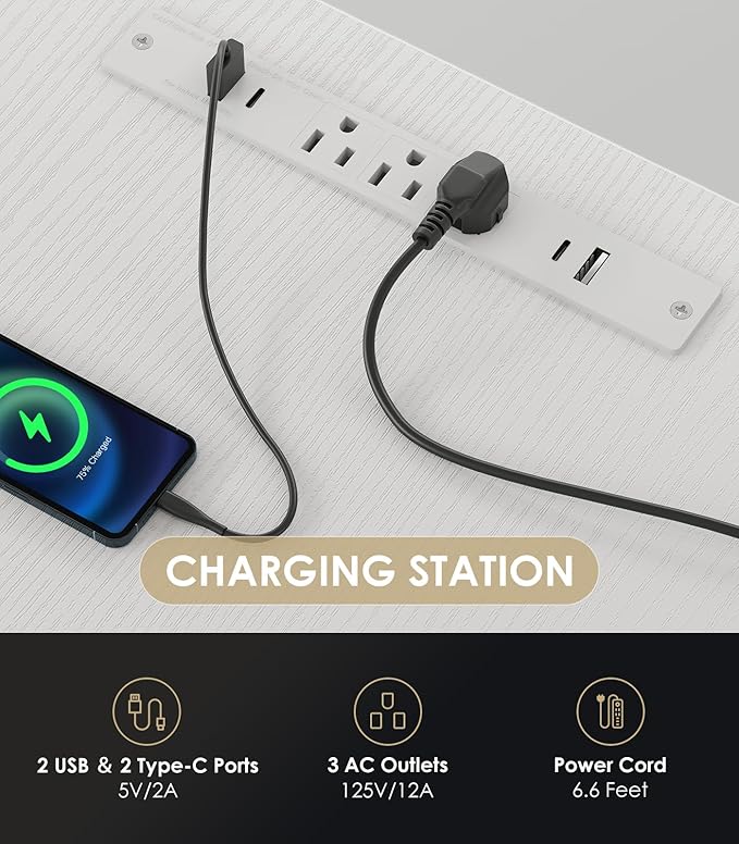 OffiGo Electric Standing Desk with 3-Piece Board, 79 Inch Height Adjustable Large Desk with Power Outlets, Sit Stand Table, Writing Computer Workstation for Home, Office, White