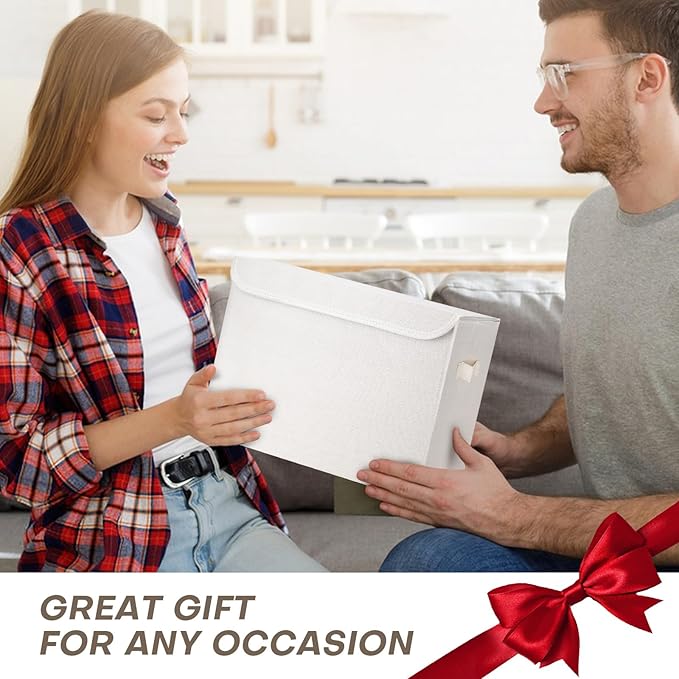 Large 22 Quart Linen Fabric Foldable Storage Bin Cube Organizer Basket with Flip-Top Lid & Handles, Clothes Blanket Box for Home, Office, Closet, White, 4 Pack 14.6 x 9.5 x 9.5”