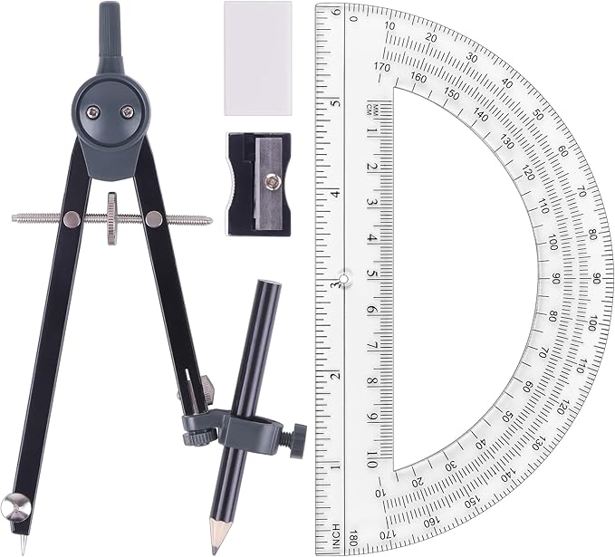 Professional Compass for Geometry Set, Metal Compass with Wheel and Lock for Geometry, Drawing Compass Tool, Circle Drafting Tool, and 6 Inch Math Protractors 180 Degree (Black)