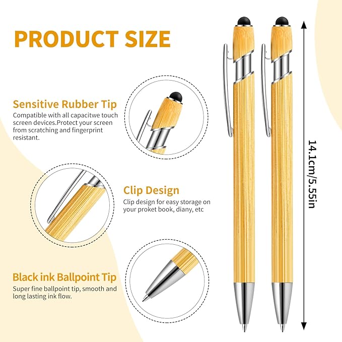 Personalized Pen Bamboo Pen with Stylus -Customizable Text Logo Name Ballpoint Pens with Black Ink-Personalized Gift Ideas for Office School Business Home(10 Count/Pack)