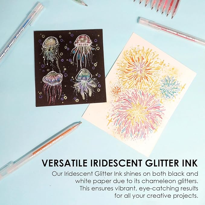 Grabie 42 Glitter Gel Pen Set, 18 Iridescent&24 Essential Color Pens, Smooth Rollerball Tip, Metallic Sparkly Gel Pens for Coloring (42 Colors Capped Glitter Gel Pens)