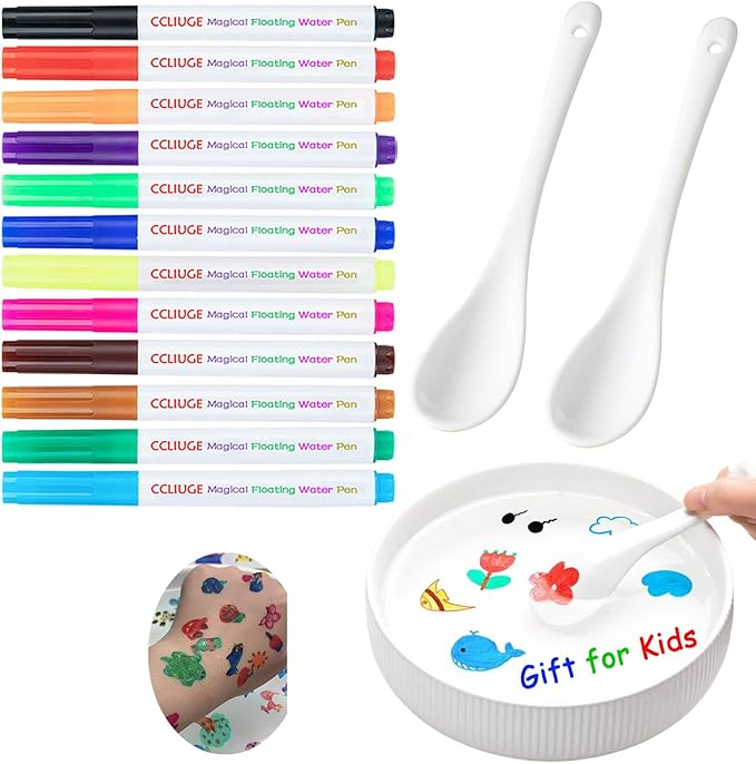 Magical Drawing Pens for Kids Water, Kiddies Create Magical Floating Drawings Bundle, 12 Colors Magic Water Painting Marker Set with 2 Spoons, Water Art Pen Kit for DIY Tattoo, Gifts for Boys & Girls