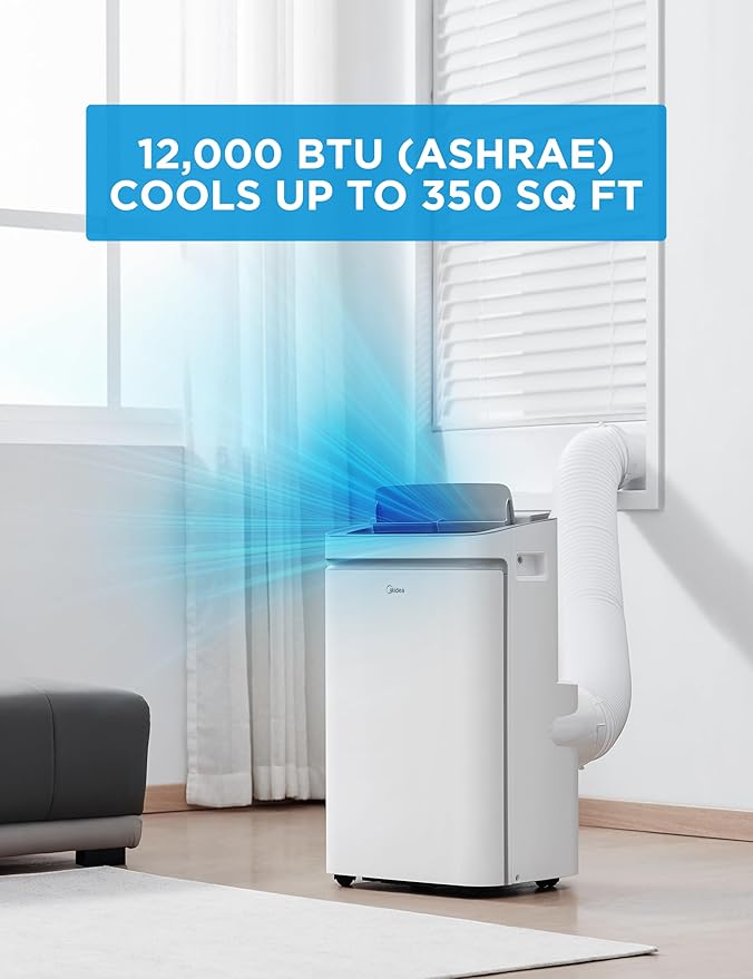Midea 12,000 BTU ASHRAE (8,000 BTU SACC) Portable Air Conditioner, Cools up to 350 Sq.Ft., with Dehumidifier & Fan mode, Control with Remote, Amazon Alexa & Google Assistant, Easy-to-use and Install