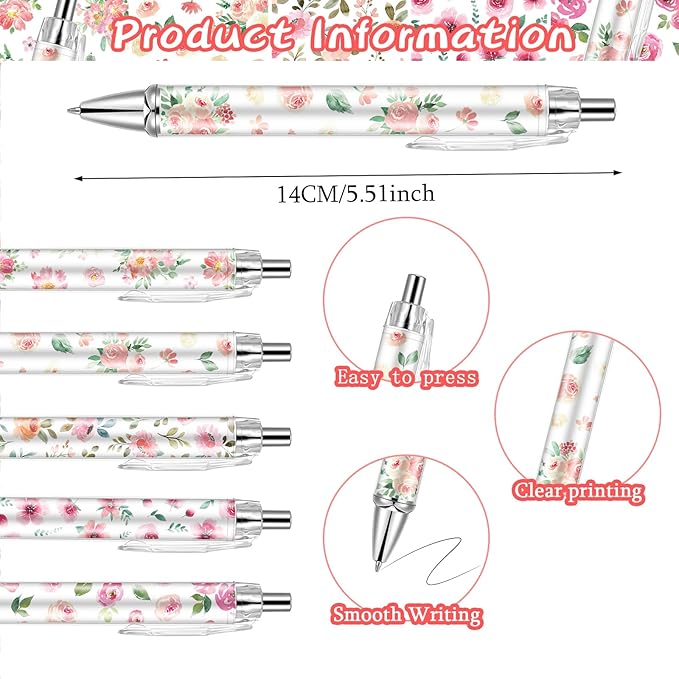30 PCS Pink Floral Pens Flower Ballpoint Pens 0.5 mm Rollerball Tip Cute Fashionable Retractable Ballpoint Pen for Office Supplies Black Ink, Medium Point (Pink Flower, 30)