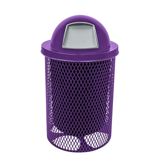 RDT-TXTPUR Heavy Duty 32 Gallon Round Trash Receptacle, Liner Included, Textured Sandstone with Textured Purple Steel Dome Top, Made in America