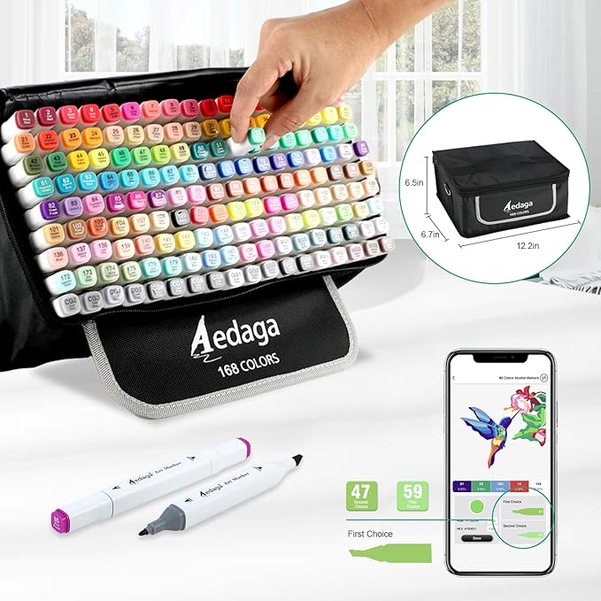 YHC 168 Colors Alcohol Markers for Artists, Free APP for Coloring, Dual Tips Alcohol-Based Markers for Drawing,Painting and Sketching, Great Gift Idea for Kids and Adults
