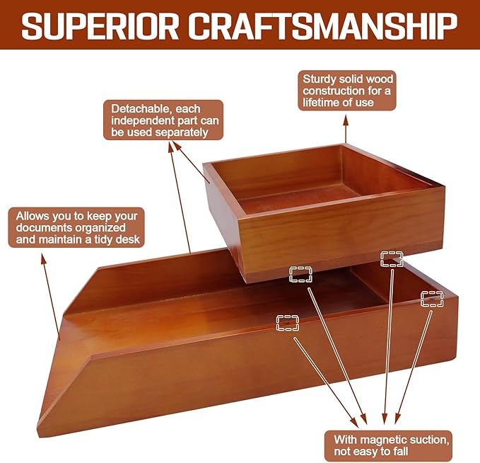 Desk Organizer Letter Tray Set of 2, Magnetic Wooden Tabletop Desktop for Storage Paper Letter Folders Notebooks Copy Print, Workspace Holder, Office Supplies, Keep Stationery Saver-Brown