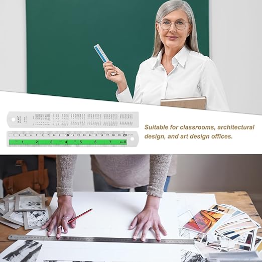 HARFINGTON 6pcs Metal Straight Ruler 20cm Metric SAE Aluminum Alloy Measuring Rulers Scale Tool with Hole for Measure Study Reading Classroom Office, Green