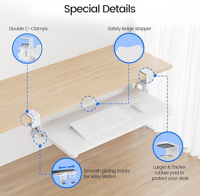 Large Keyboard Tray Under Desk Slide Out with Extra Sturdy C Clamp Mount System,26'' (30'' including Clamps) x11 Slide-Out Keyboard Drawer Under Desk for Typing,Keyboard Mouse Tray,White