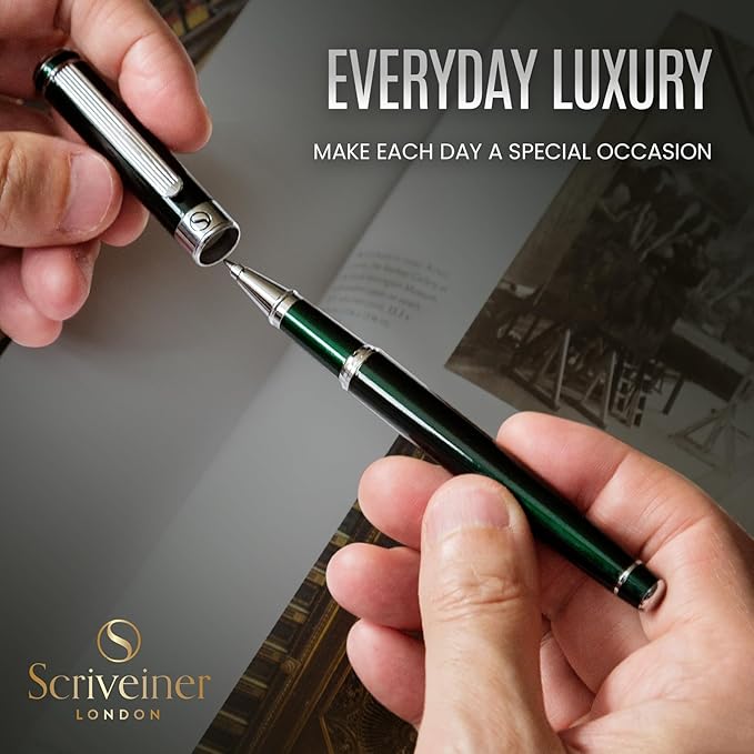 Scriveiner British Racing Green Rollerball - Stunning Luxury Pen With Chrome Finish, Schmidt Ink Refill, Best Roller Ball Pen Gift Set for Men & Women, Professional, Executive Office, Nice Pens