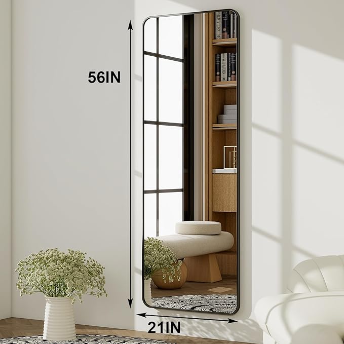 HARRITPURE 56" x 21" Rounded Full Length Mirror Aluminum Frame Black Mirror Full Length Floor Mirror with Stand for Living Room Bedroom Cloakroom