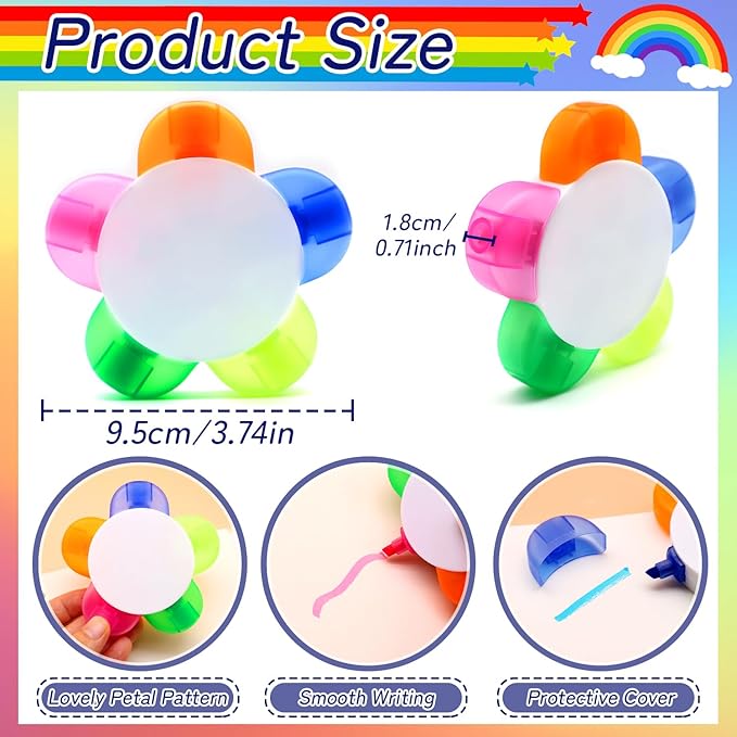 Petal Highlighters 8 PCS Multicolor Highlighter Pens with 5 Vibrant Colors 5 in 1,Flower Shape Fluorescent Pens, Portable & Smooth Writing for School Office Stationery Supplies